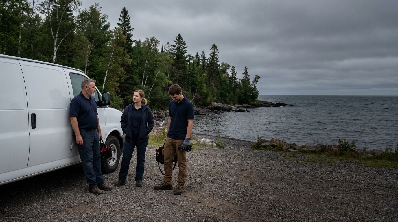 Northland Air crew in front of an unbranded service van at a Lake Superior pullout.