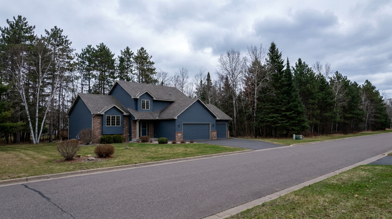 Hermantown MN suburban neighborhood with pine backdrop and a residential street.