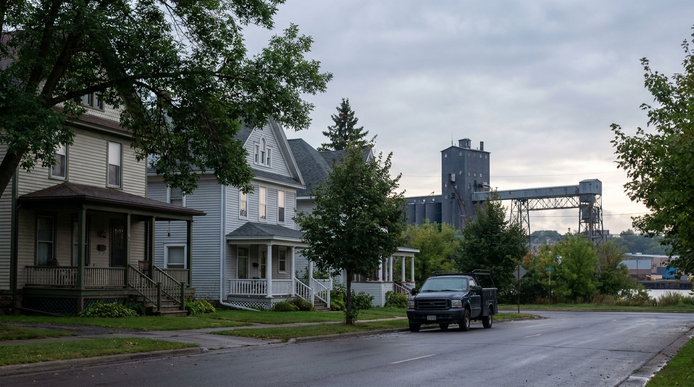 Residential Superior WI street near the waterfront with a soft focus on the East End.
