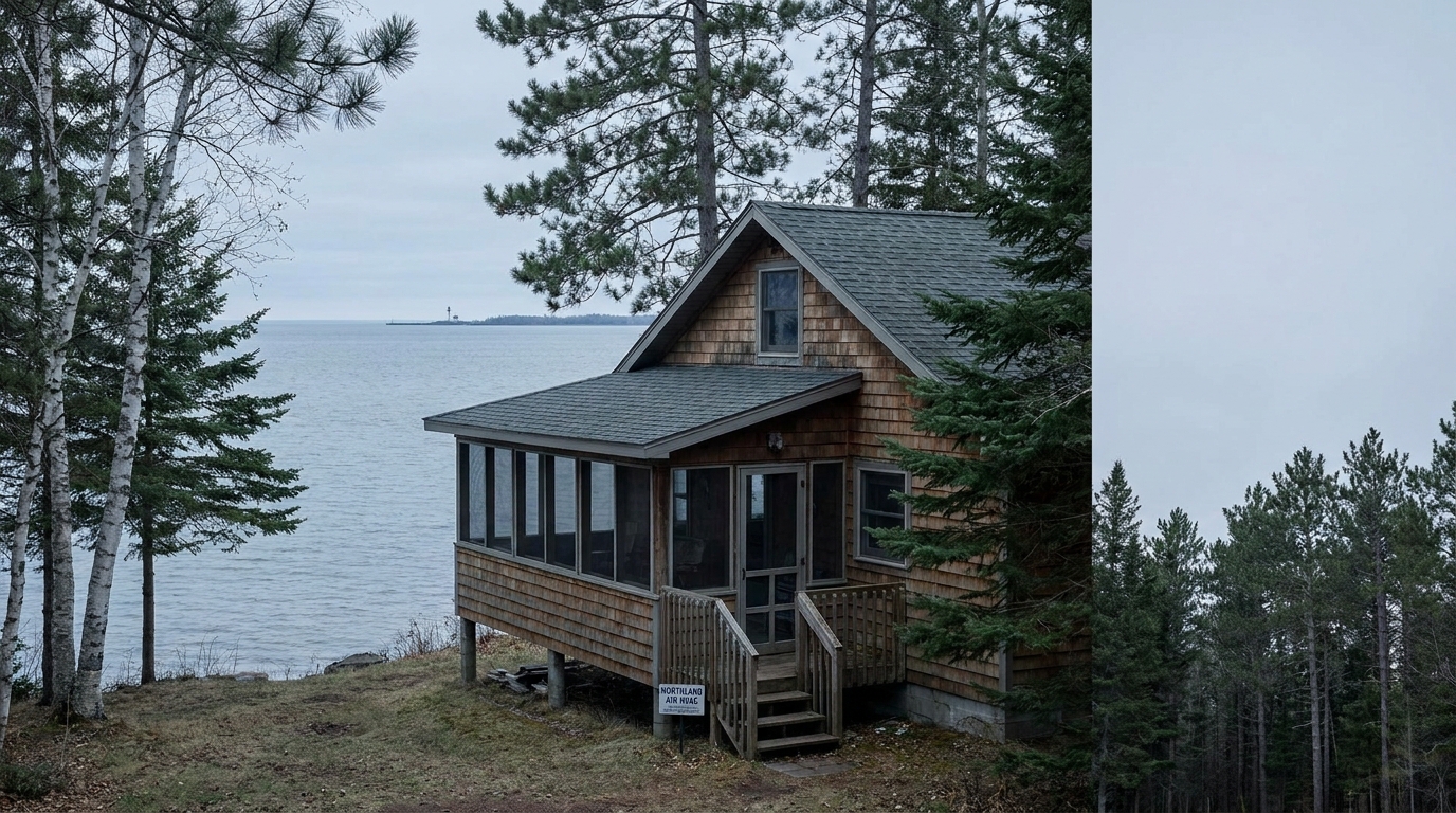 Two Harbors MN North Shore lakefront cottage with Lake Superior in the background.