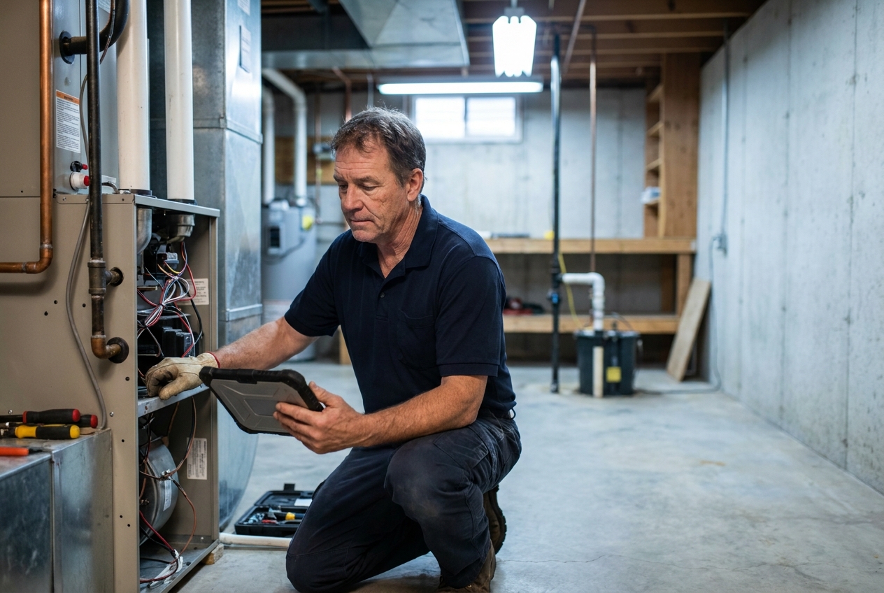Northland Air technician running a diagnostic on a furnace with a tablet, Duluth home.