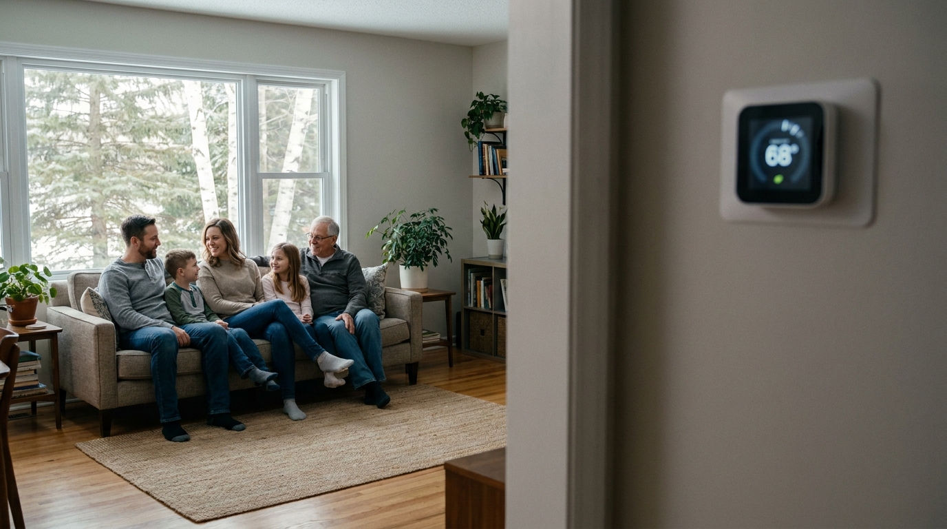 Family relaxing in a comfortable Northern Minnesota living room with a modern smart thermostat visible on the hallway wall.